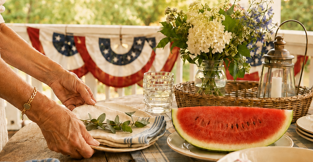 Hands setting table on porch decorated with bunting.  Flowers and watermelon slice on the table.
